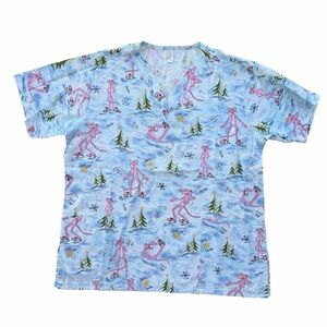 Ice Skating Pink Cartoon Cat Print Scrubs Top Medical Uniform ~ Unisex Medium